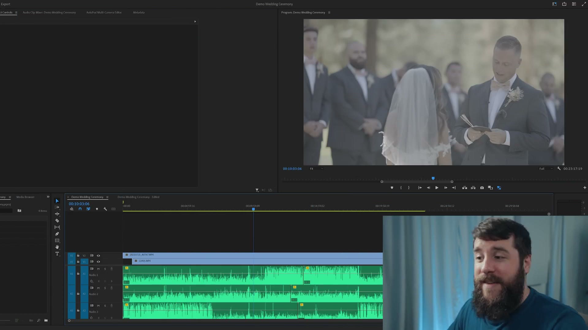 An unedited multicam wedding ceremony sequence in Premiere Pro with full length clips on every track