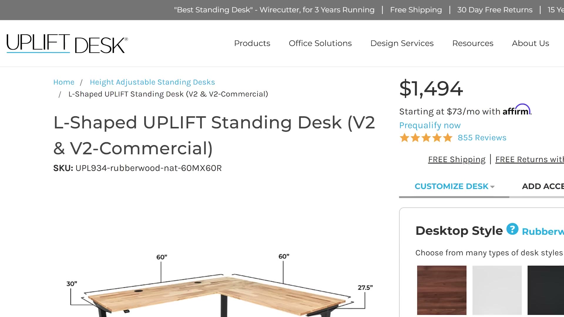 Uplift Desk product page for the L-shaped V2 standing desk