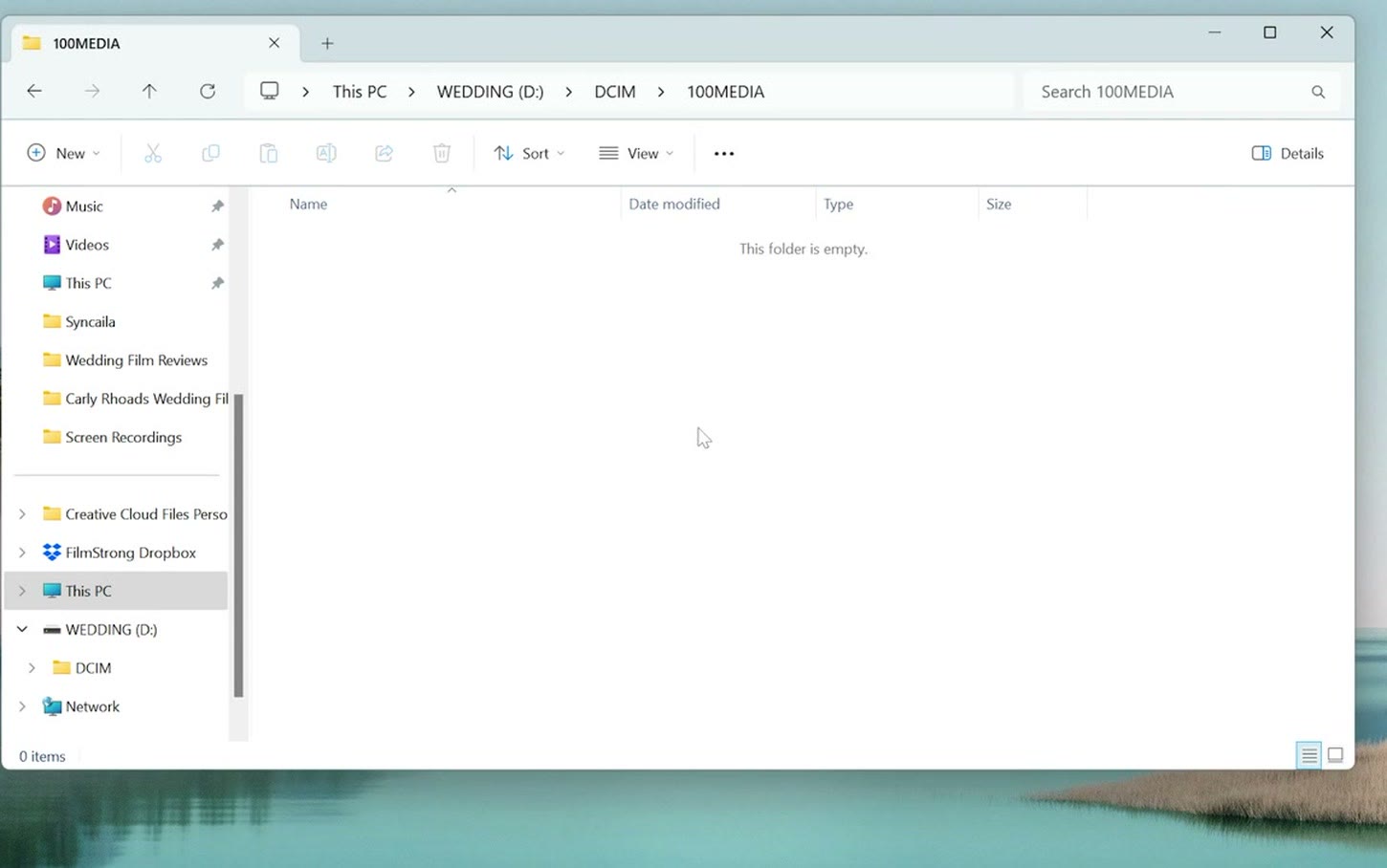 The empty 100MEDIA folder inside DCIM on the USB flash drive