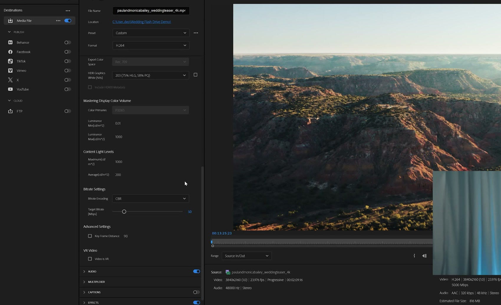 Premiere Pro export set to CBR at 50 Mbps with an estimated file size of 816 MB
