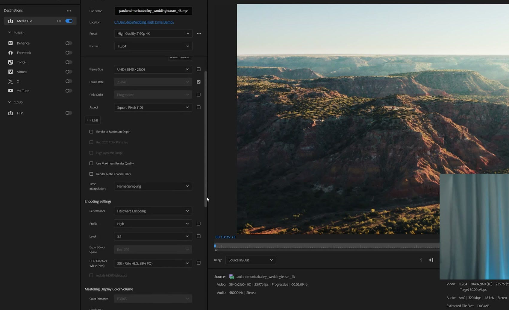 Premiere Pro export showing a target bitrate of 80 Mbps and an estimated file size of 1303 MB