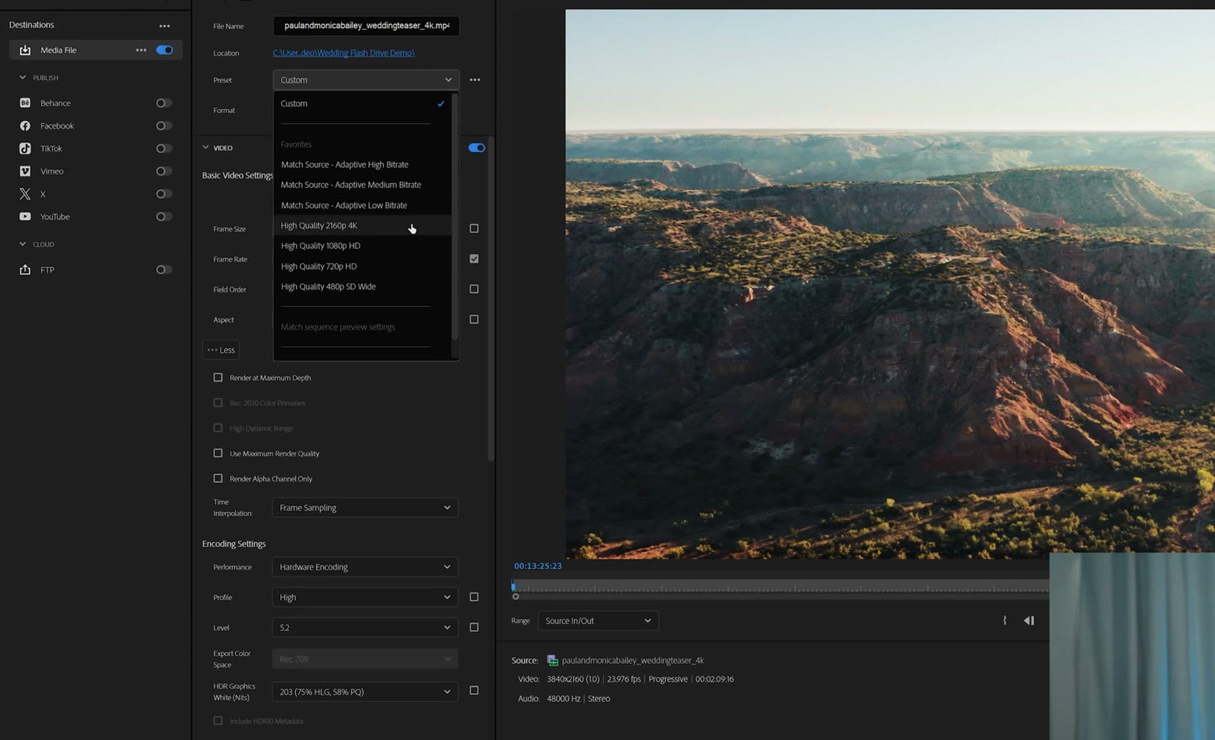 Premiere Pro export settings showing the H.264 format and High Quality 2160p 4K preset