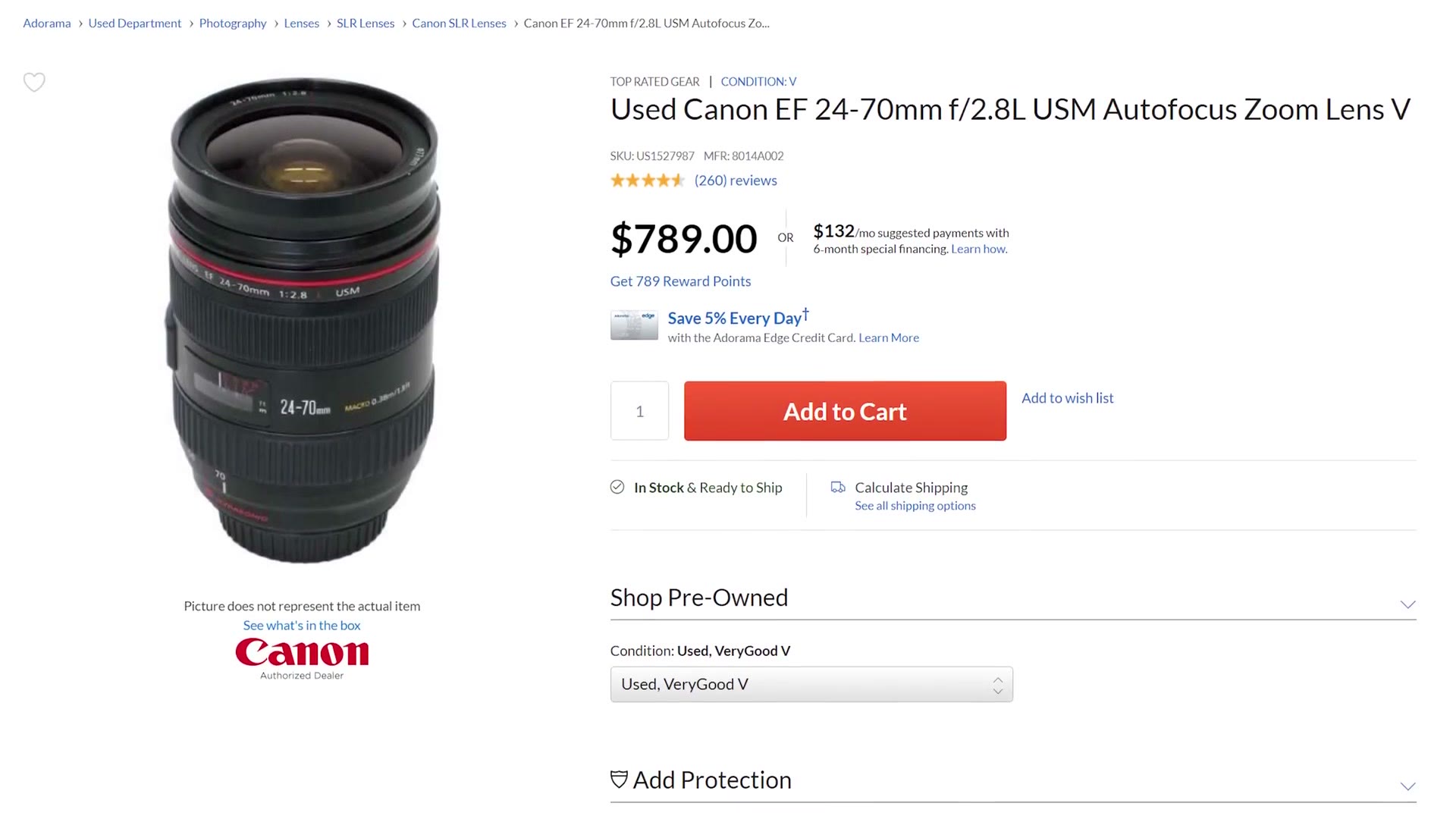 Used Canon EF 24-70mm f/2.8L listing