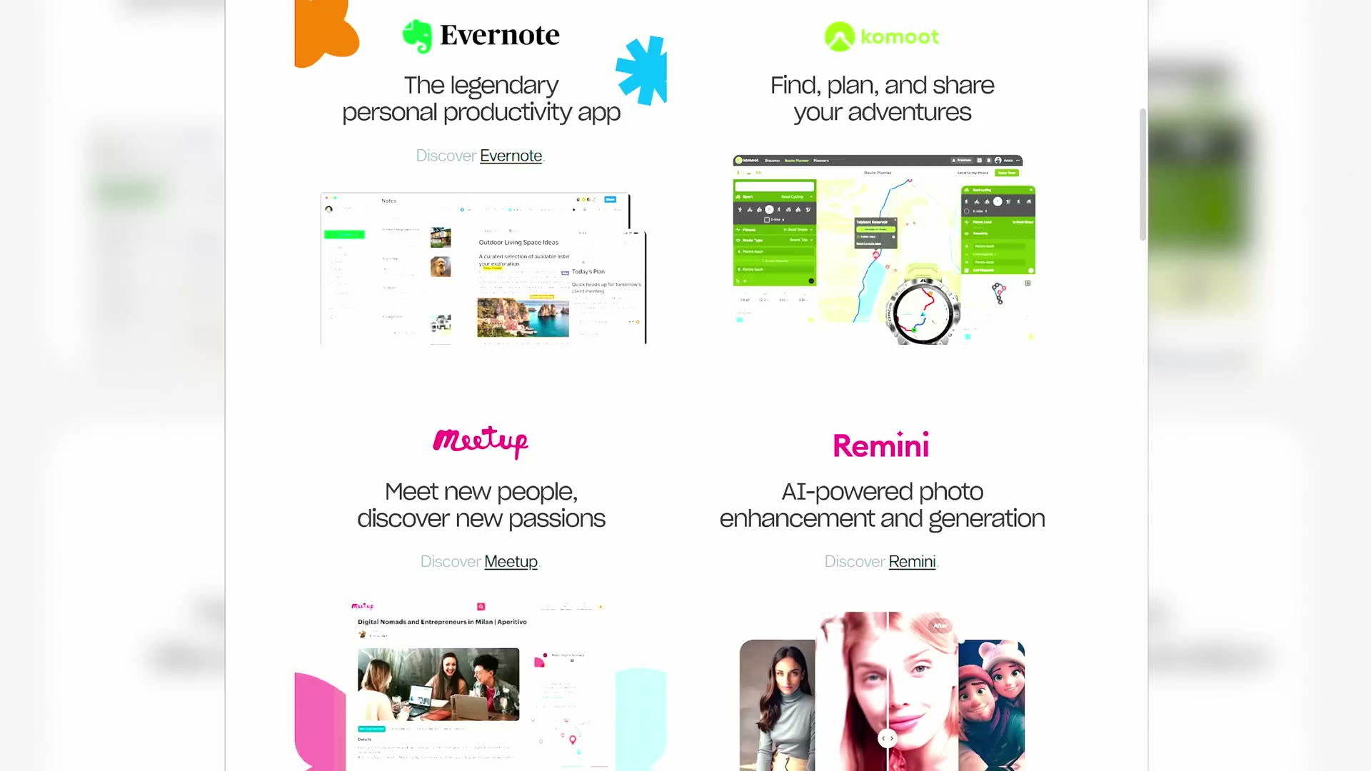 Bending Spoons portfolio page showing Evernote, komoot, Meetup and Remini among the companies they own