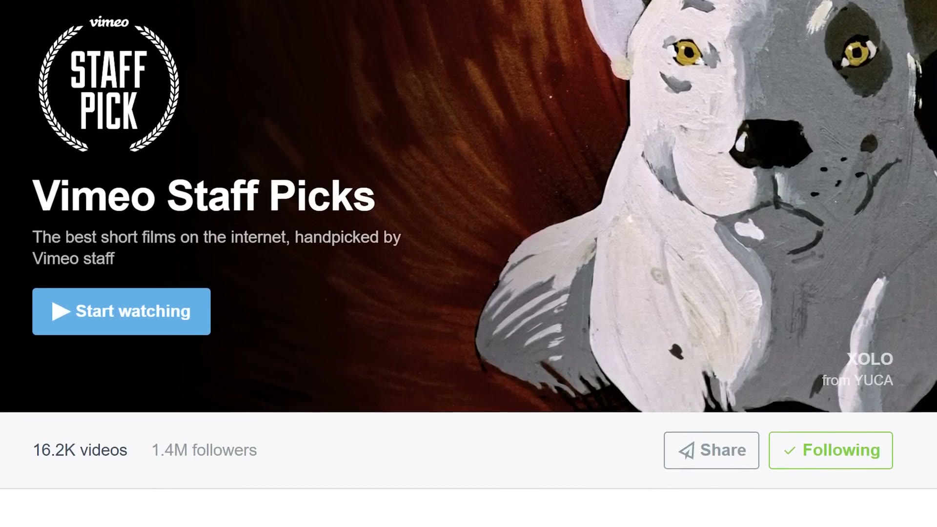 Vimeo Staff Picks channel page described as the best short films on the internet, handpicked by Vimeo staff, showing 16.2K videos and 1.4M followers