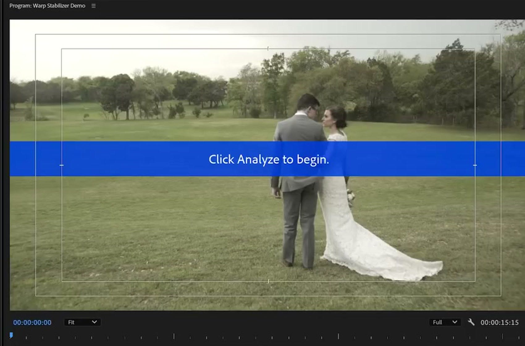 A Premiere Pro program monitor showing a wedding clip with a large blue banner across it reading Click Analyze to begin