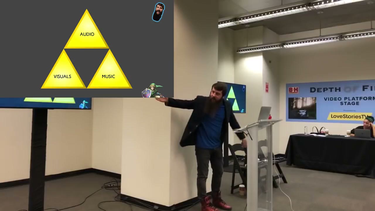 A conference slide showing three yellow triangles arranged like a Triforce, labelled AUDIO at the top with VISUALS and MUSIC below