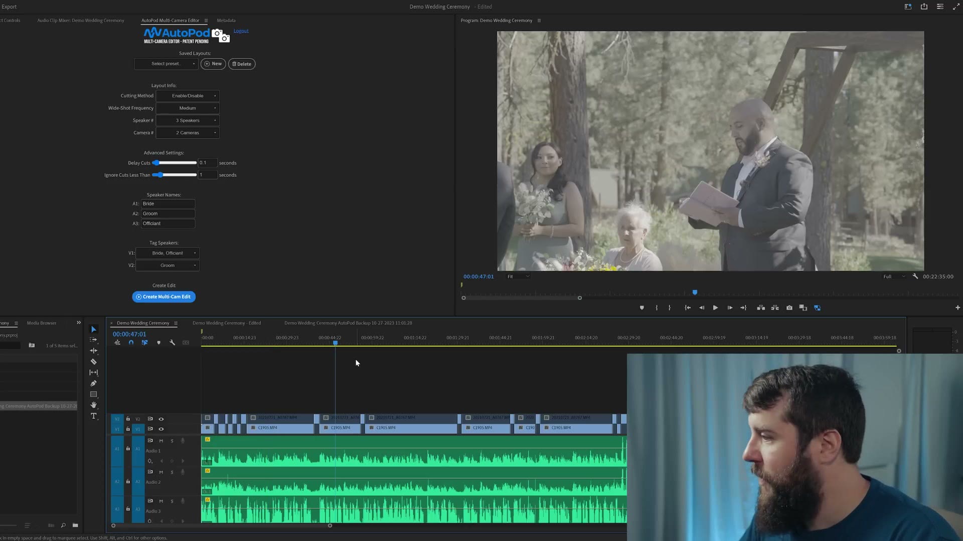 The wedding ceremony timeline after AutoPod has made its cuts, with clips enabled and disabled across both video tracks