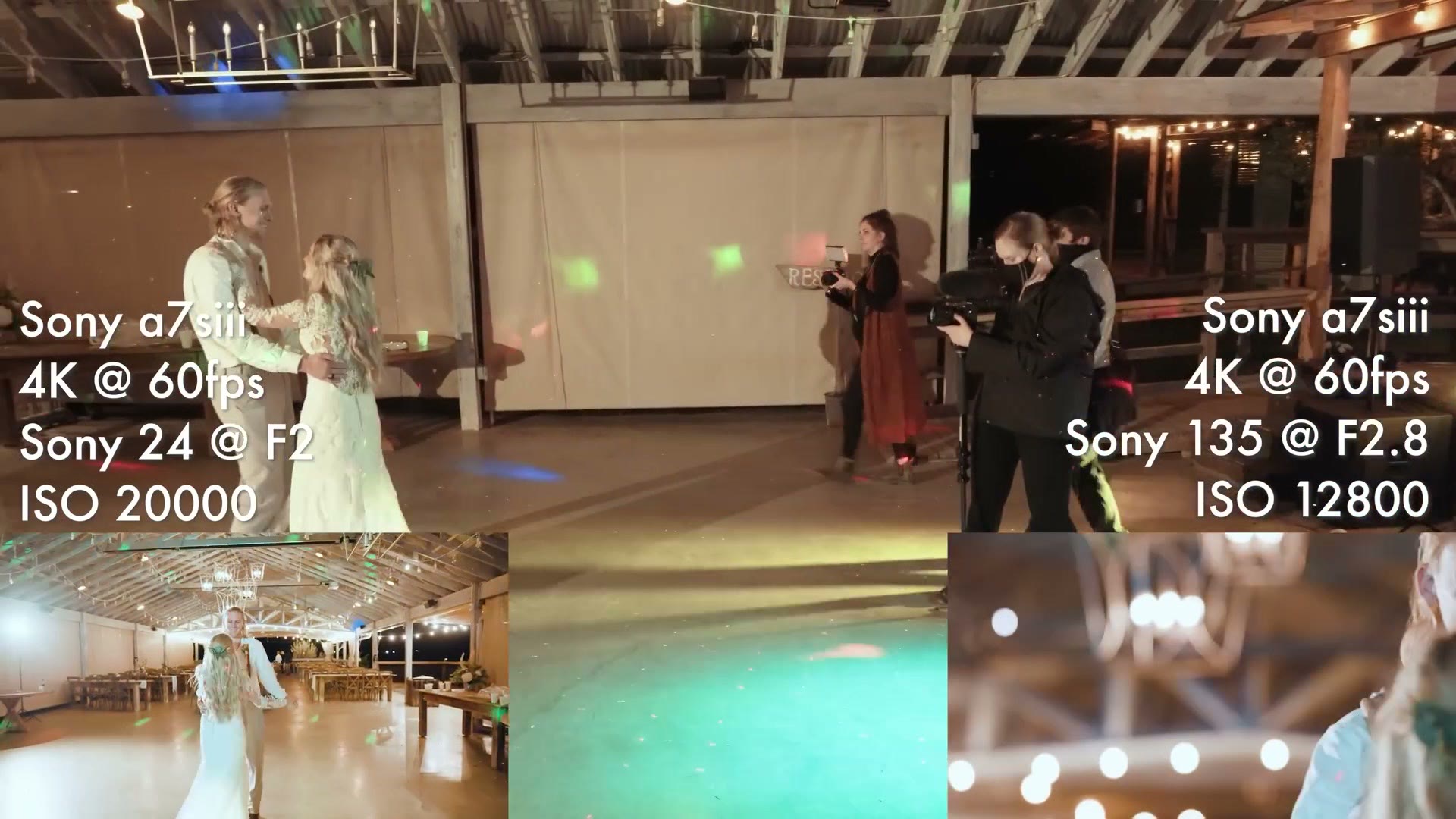 Split screen of wedding dance floor footage shot at ISO 20000 and ISO 12800