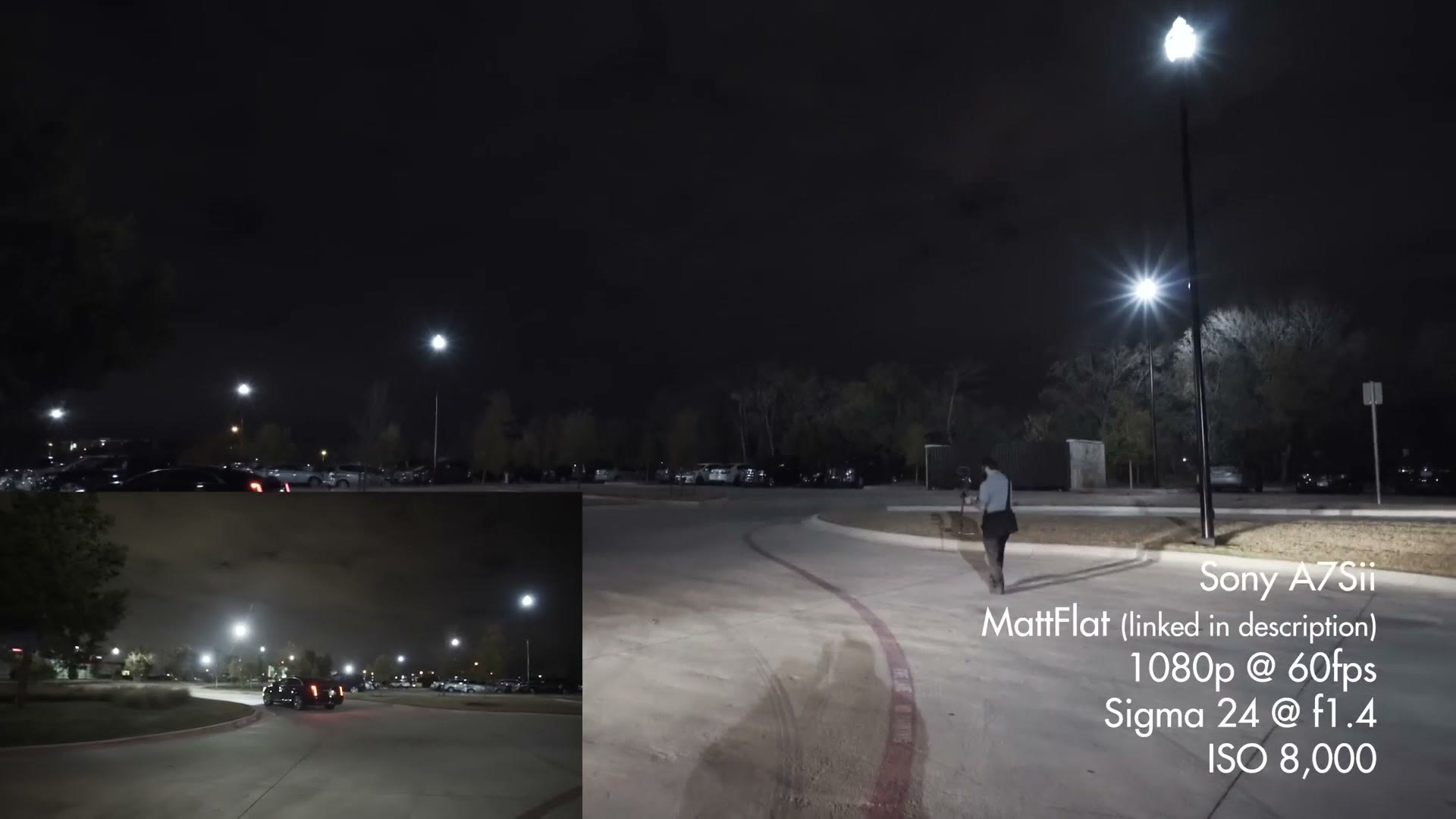 The couple's black getaway car pulling away across a dark parking lot lit only by street lamps