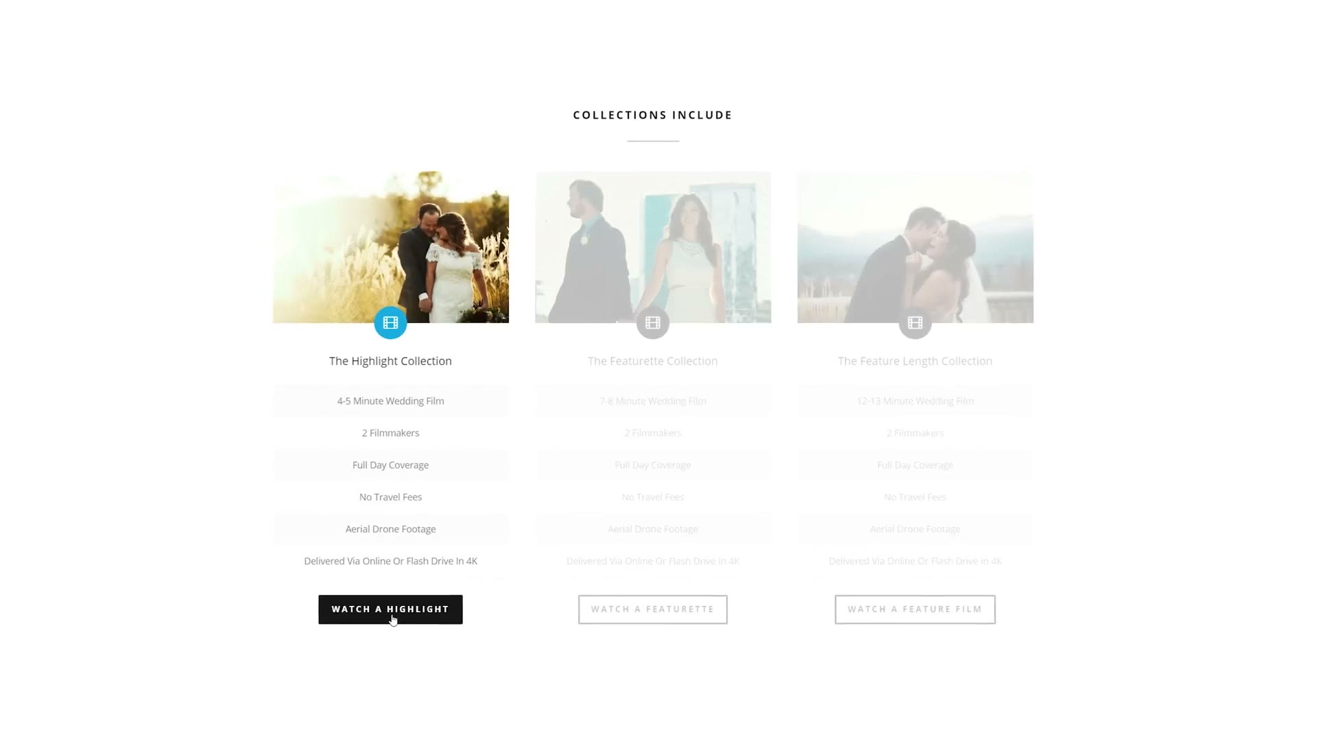 A wedding videography collections page showing three package tiers side by side, each listing a film length and what is included.