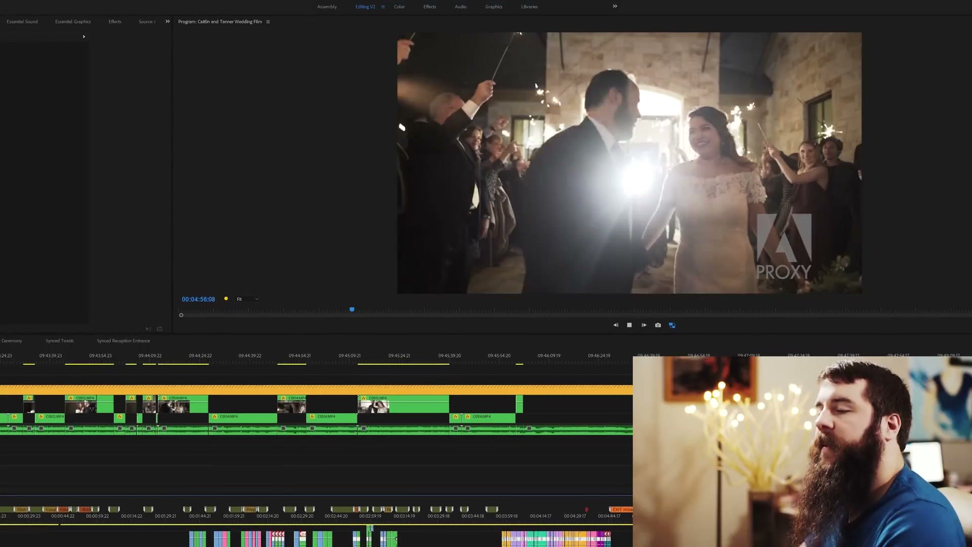 An Adobe Premiere Pro timeline full of colour coded clips with a wedding sparkler exit playing in the program monitor.