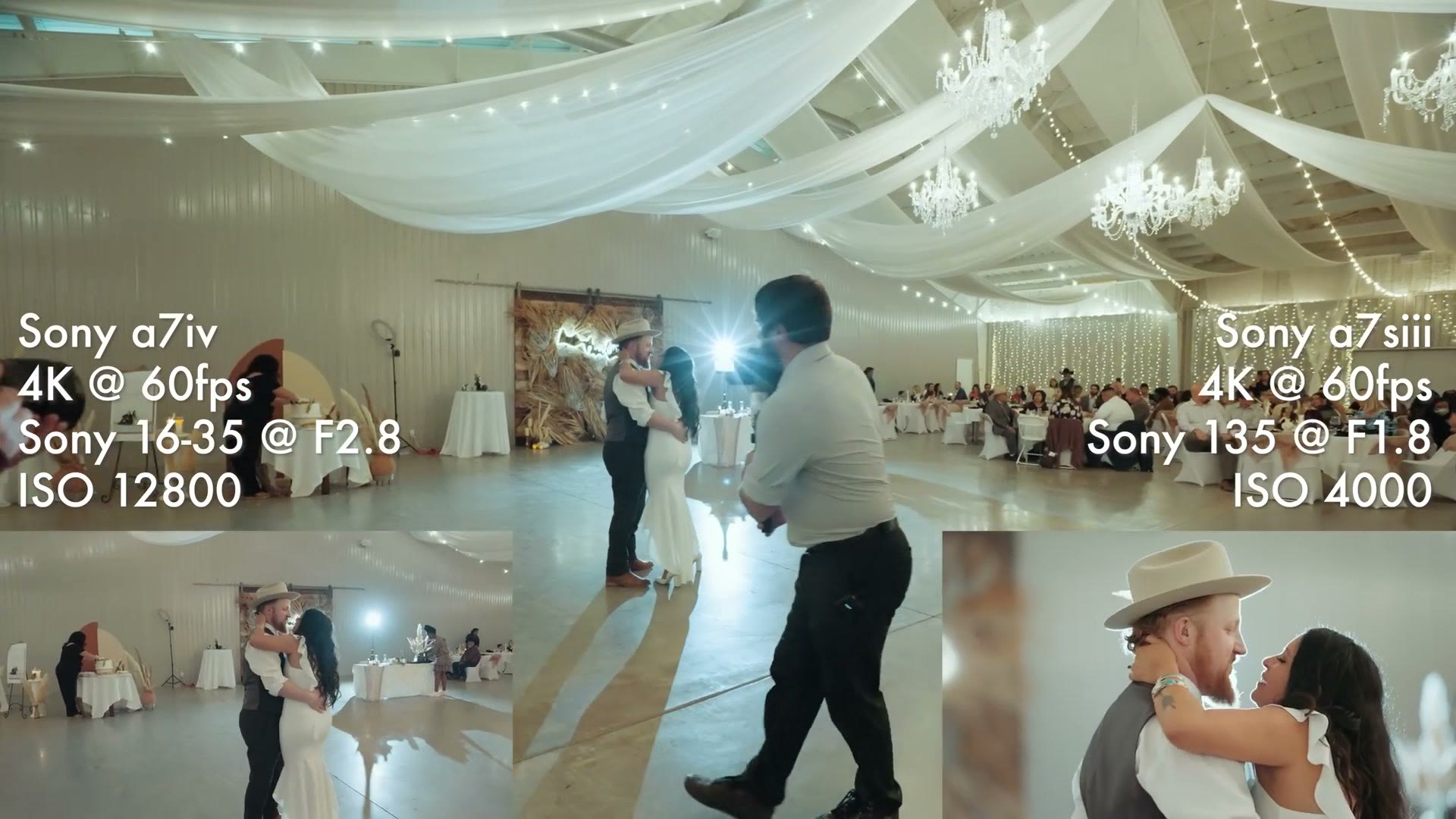First dance wedding footage with camera settings overlaid