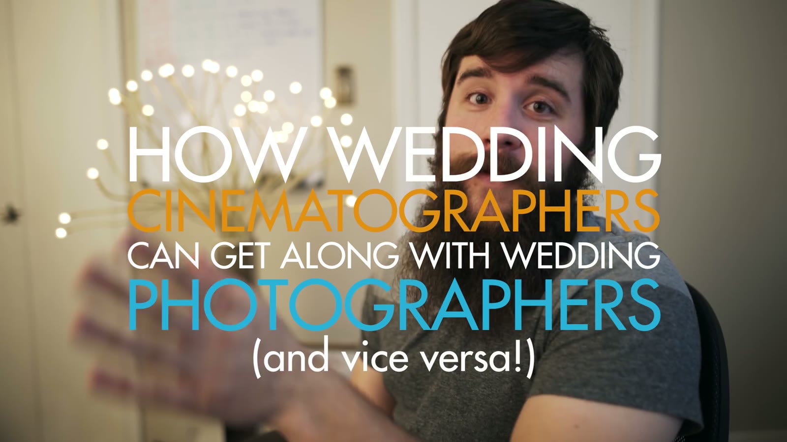 Video title card reading How Wedding Cinematographers Can Get Along With Wedding Photographers over a talking-head shot
