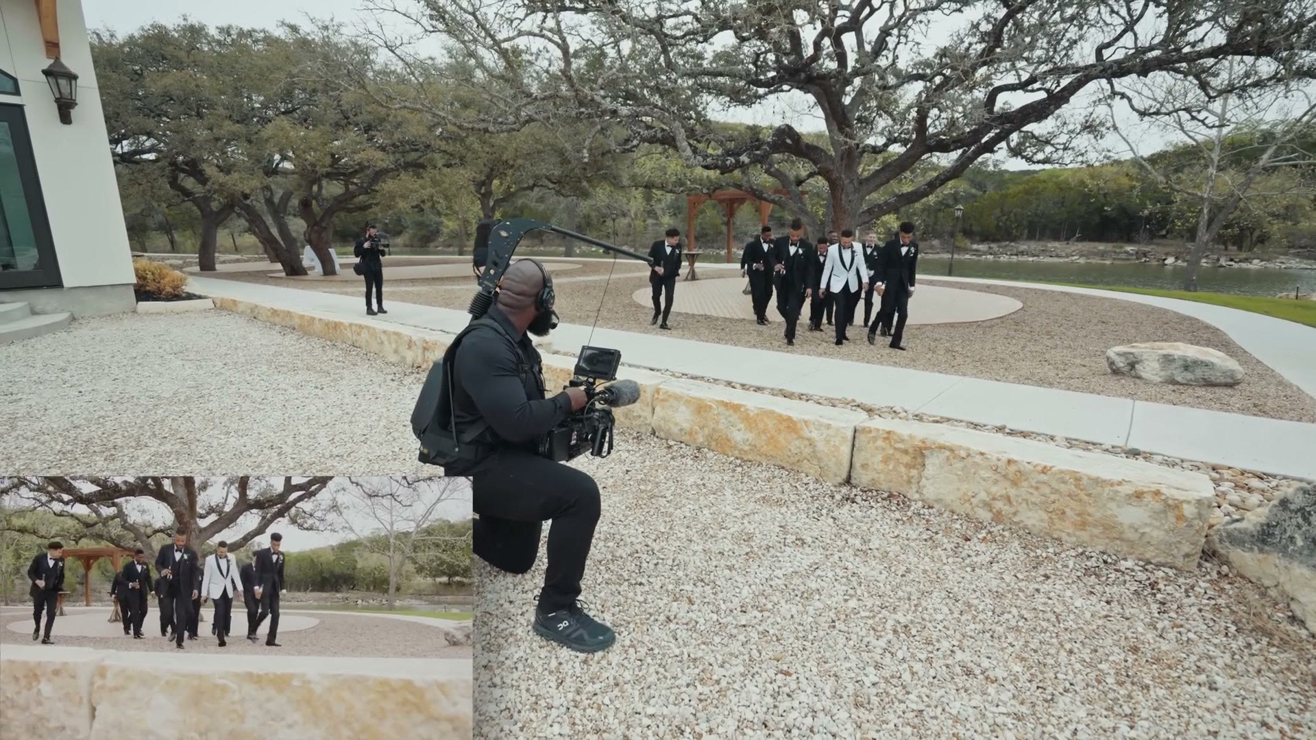 Wedding processional outdoors with Justin Porter filming from a low angle
