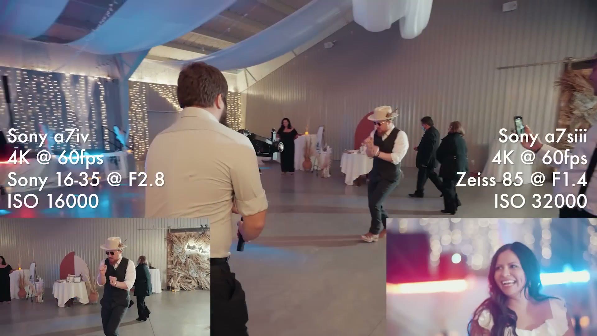 Wedding reception dancing filmed at ISO 16000 and ISO 32000