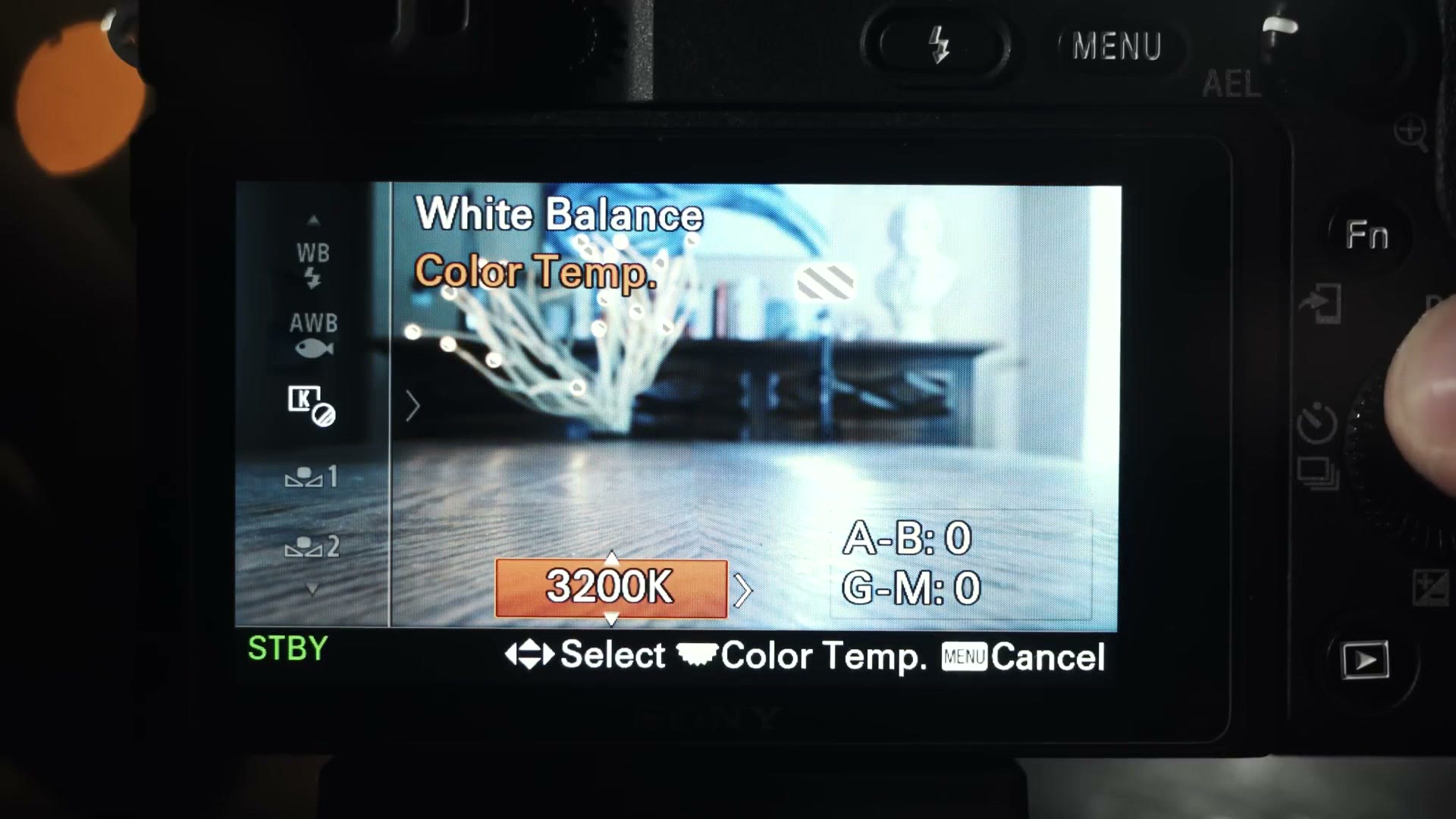 The Sony a6400 White Balance menu on the Color Temp option with the value set to 3200K.