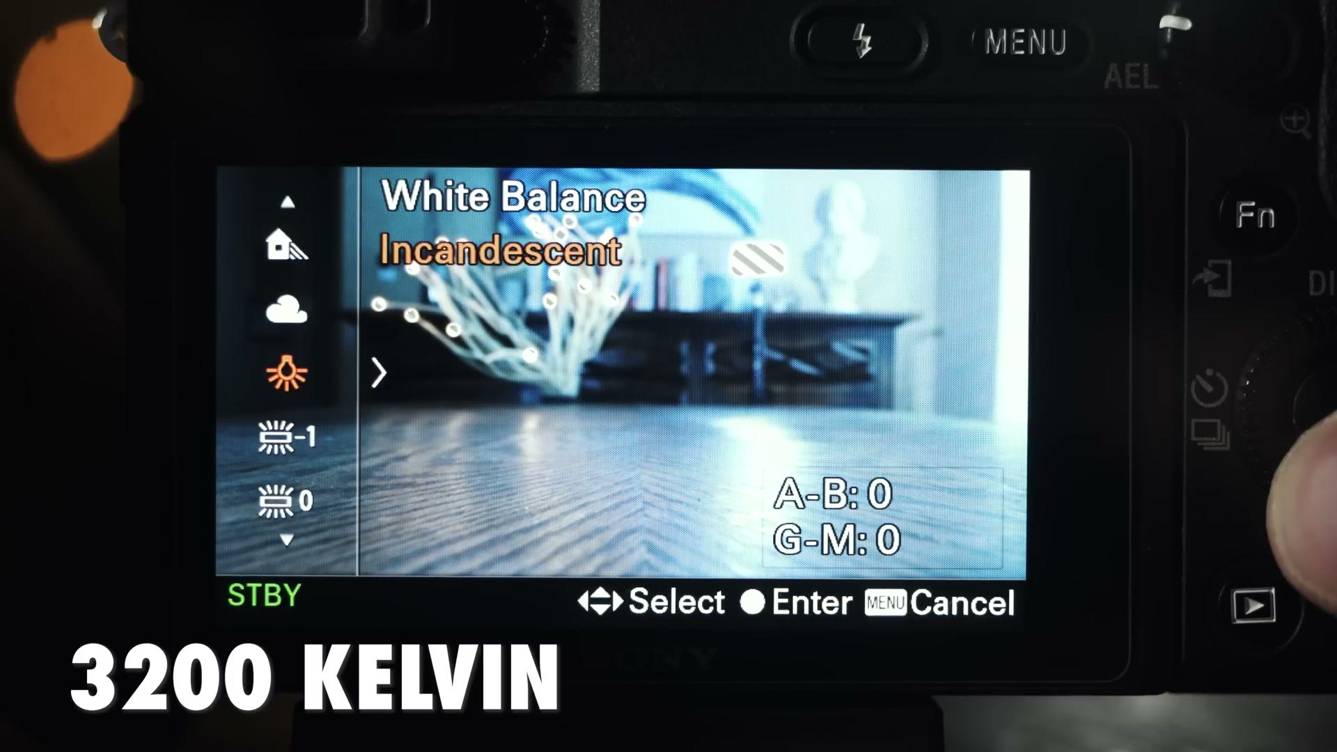 The Sony a6400 White Balance menu with the Incandescent preset selected, and the text 3200 Kelvin overlaid.