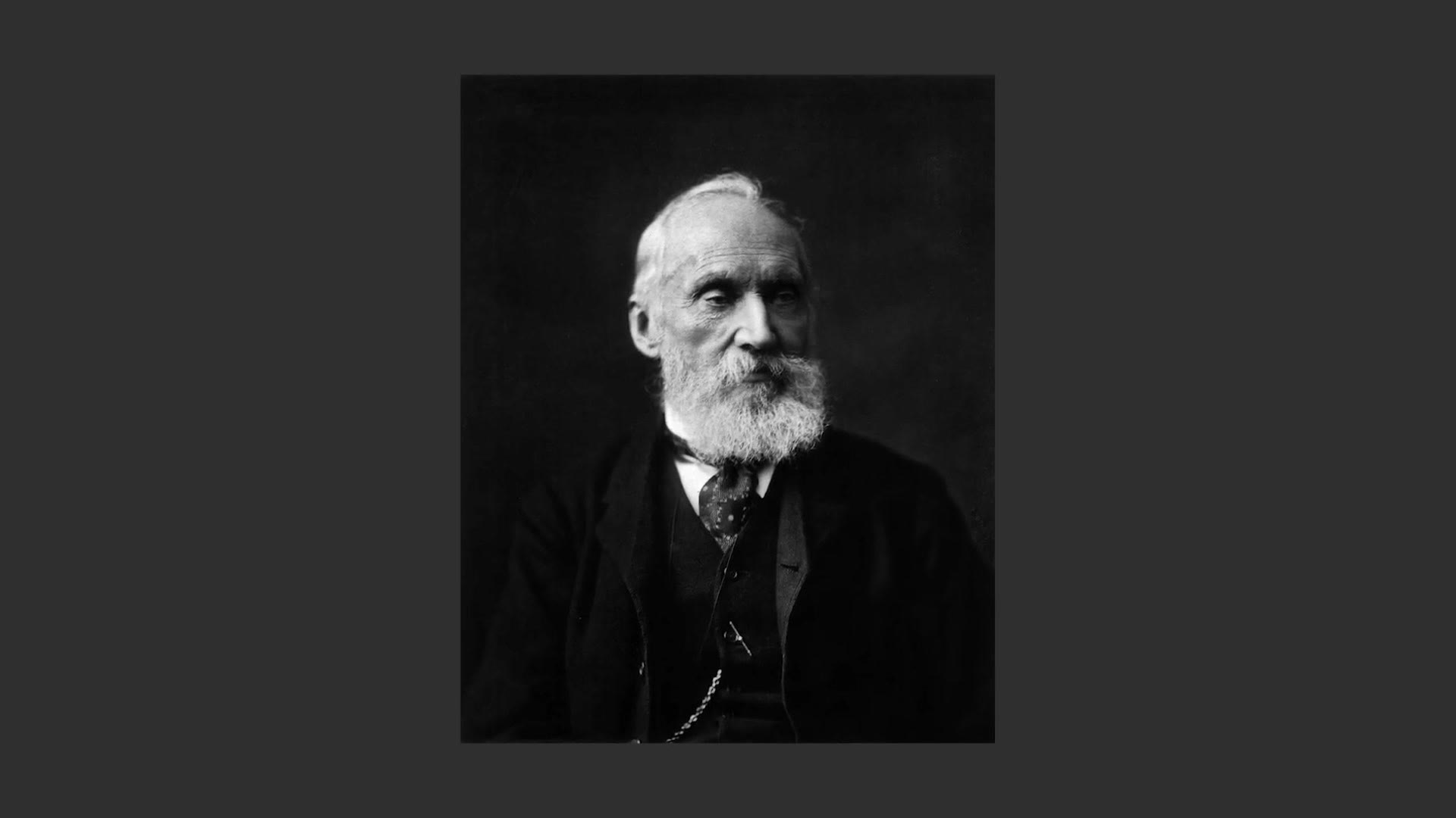 A black and white portrait of the Victorian physicist Lord Kelvin, an older man with a full white beard.