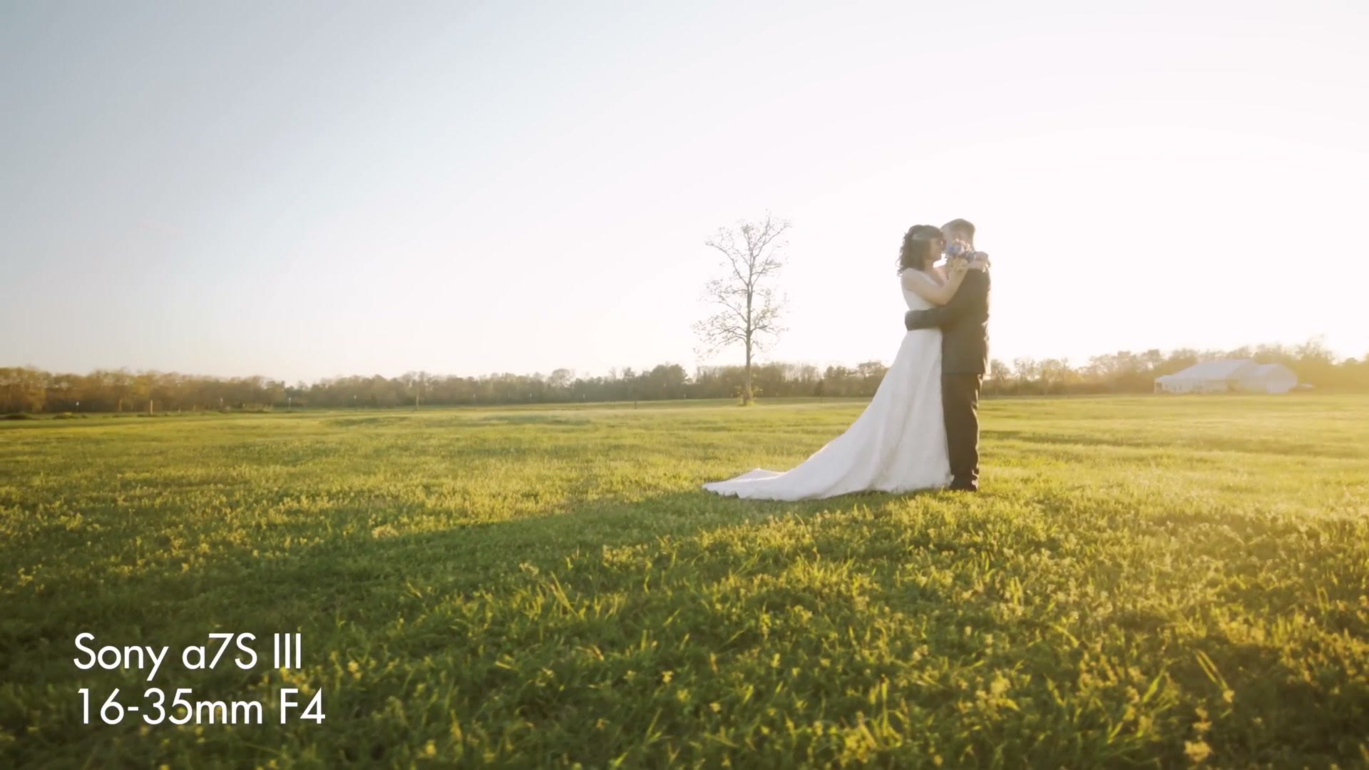 A bride and groom embracing in the middle of a large sunlit field at golden hour, filmed very wide, labelled Sony a7S III 16-35mm F4
