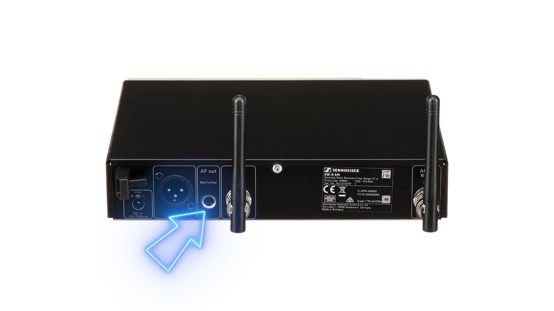 Diagram of a wireless microphone receiver rear panel with the quarter inch output highlighted