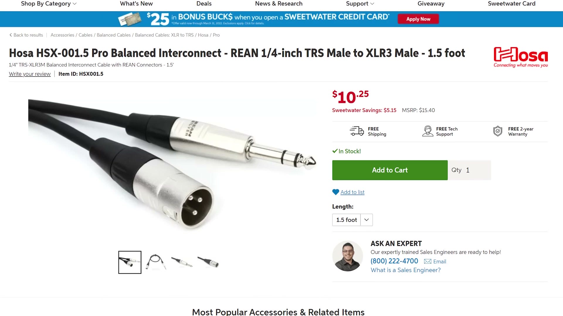 XLR to quarter inch adapter cable product page