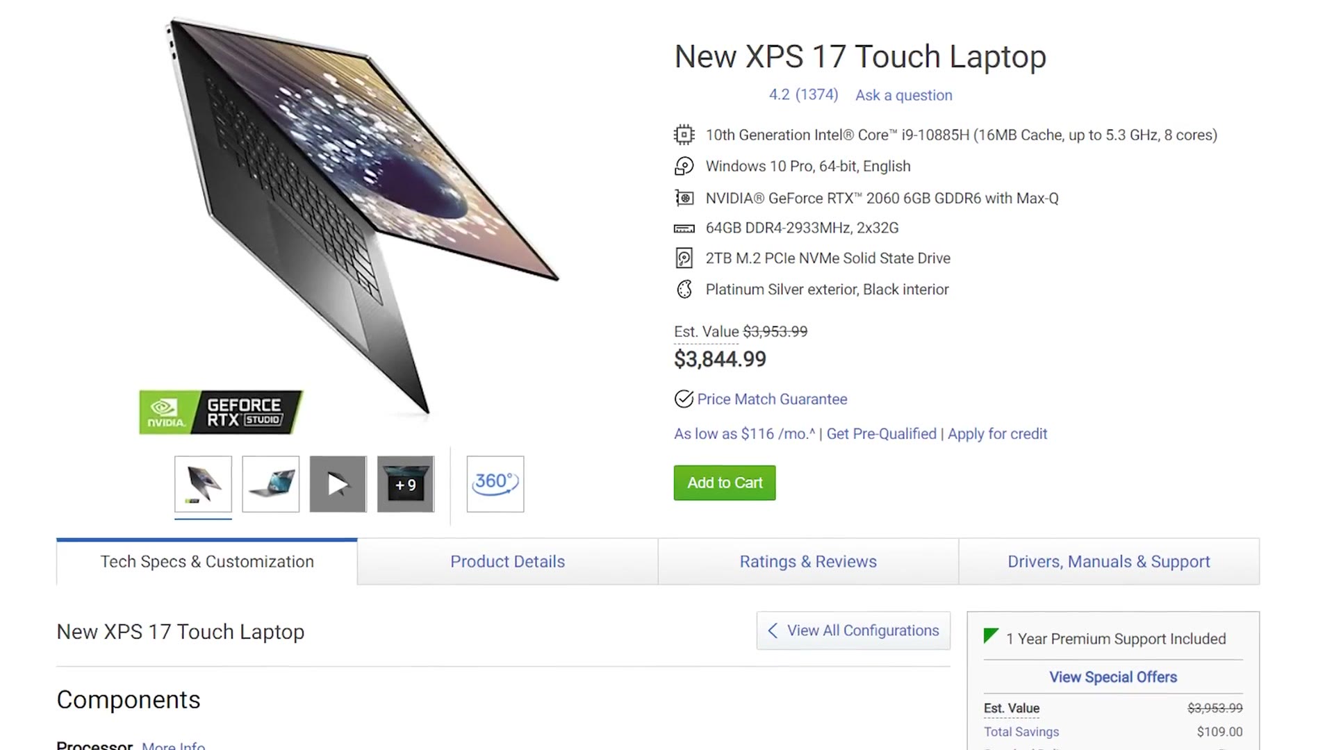 Dell's configuration page for the New XPS 17 Touch Laptop listing an i9-10885H, RTX 2060, 64GB of RAM and a 2TB SSD at $3,844.99