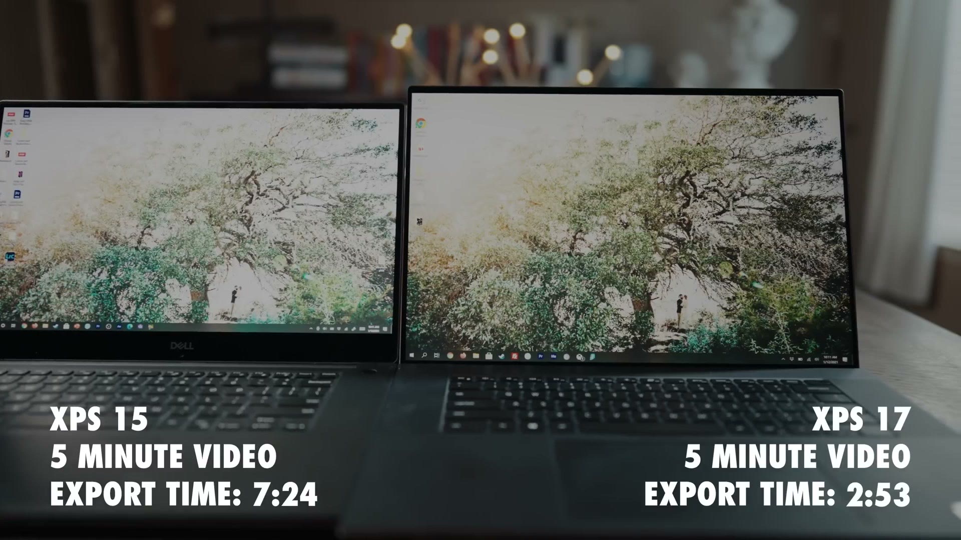 Both laptops on screen with overlaid text reading XPS 15 five minute video export time 7:24 and XPS 17 five minute video export time 2:53