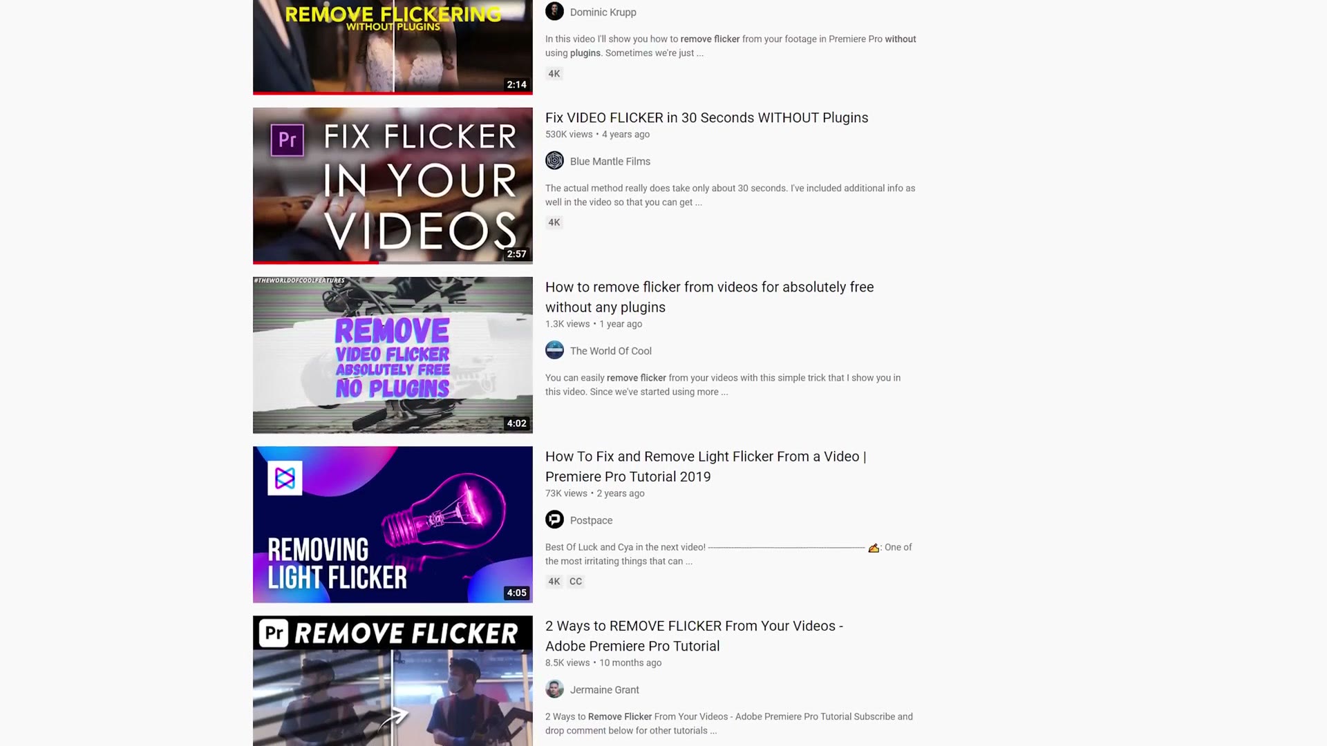 YouTube search results full of flicker removal tutorials