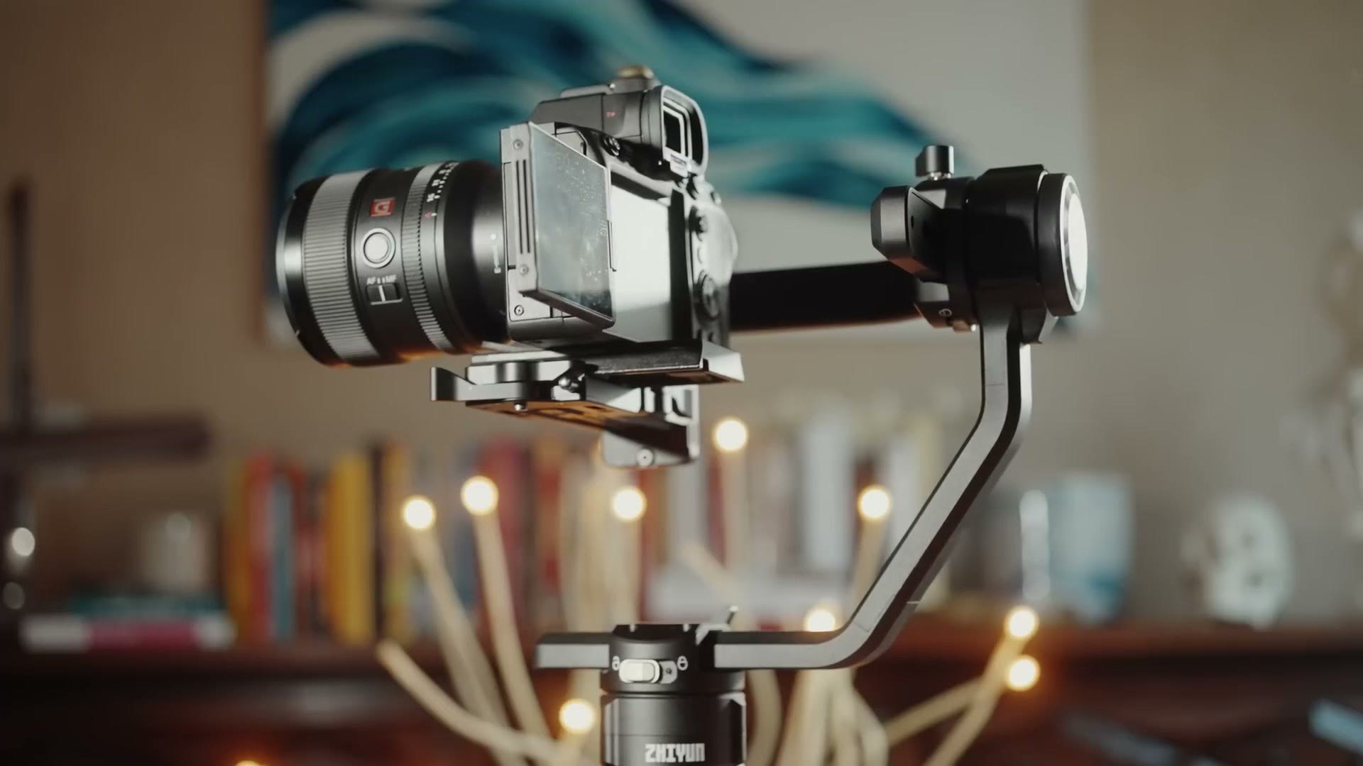 The Crane 2S with a camera mounted, showing its 90 degree roll motor arm