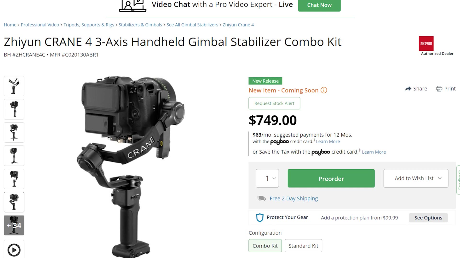 The B and H product page for the Zhiyun Crane 4 3-Axis Handheld Gimbal Stabilizer Combo Kit at 749 dollars
