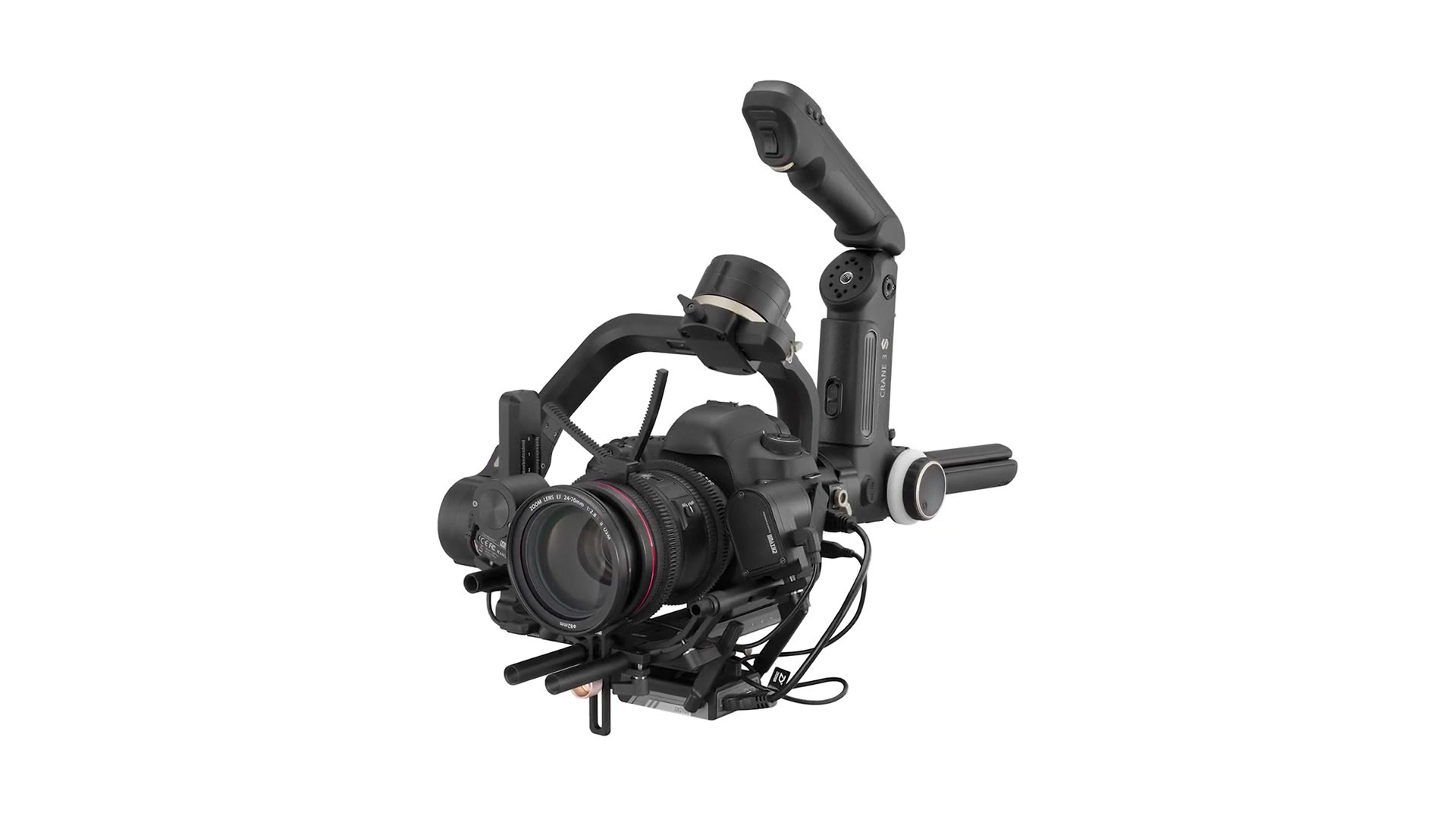 A product render of the Zhiyun Crane 4 with a camera mounted