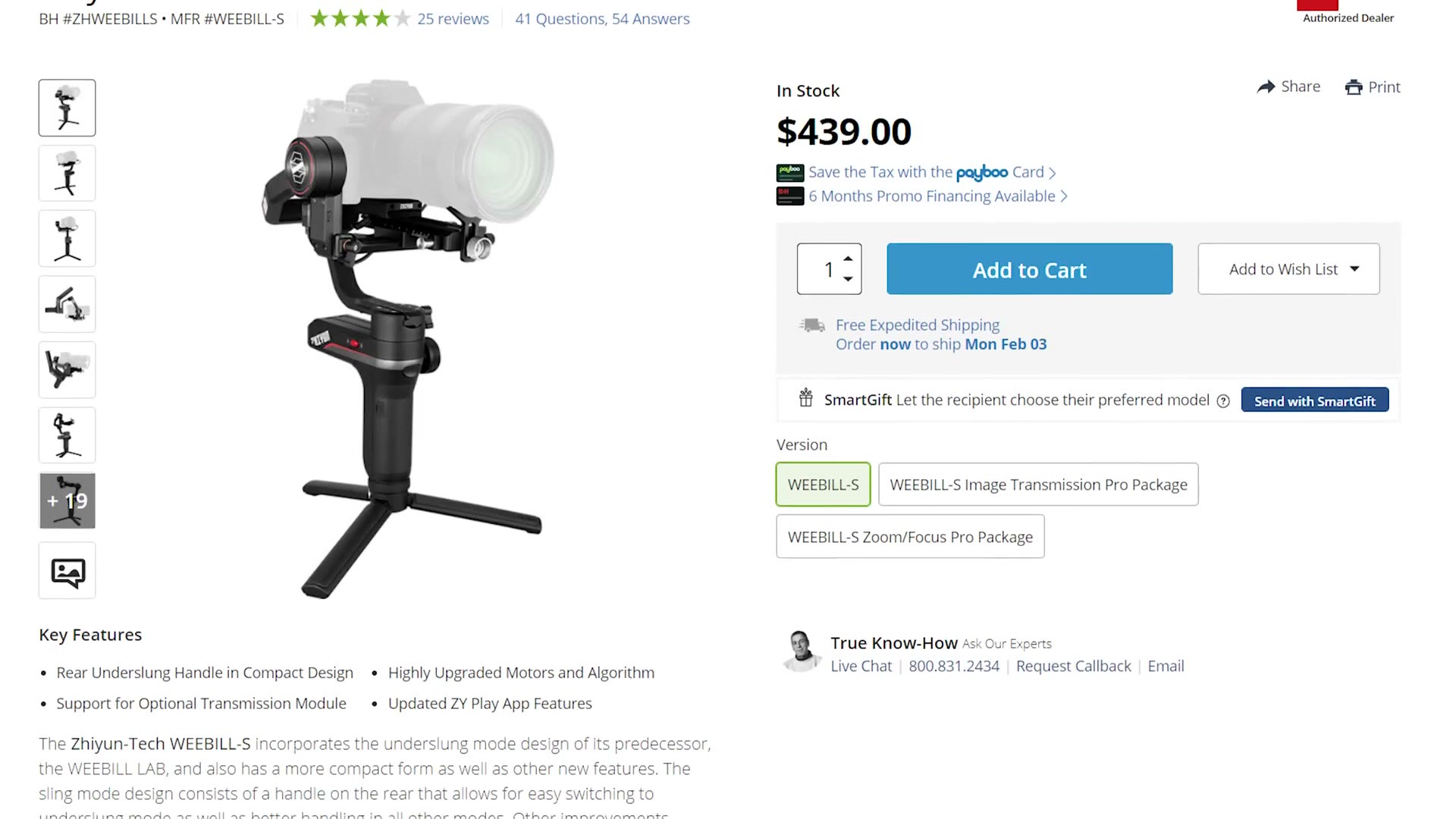 B&H product page for the Zhiyun WEEBILL-S gimbal with a camera and lens mounted, priced at $439