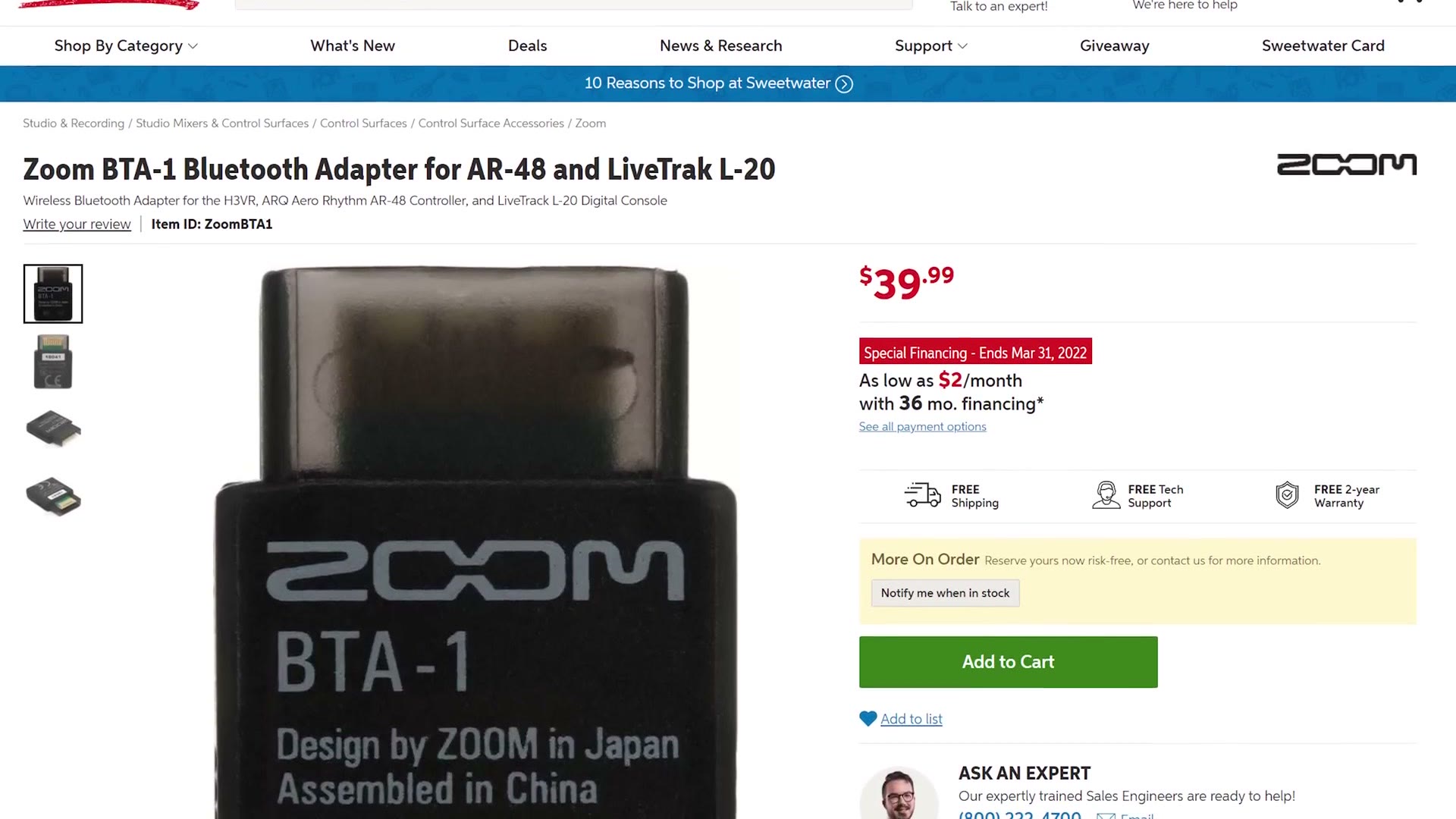 Zoom BTA-1 Bluetooth adapter product page