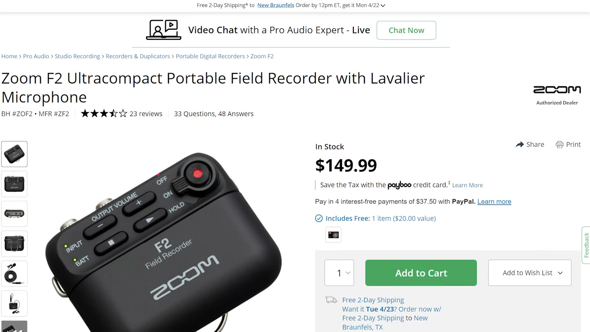 Zoom F2 ultracompact field recorder listing at $149.99
