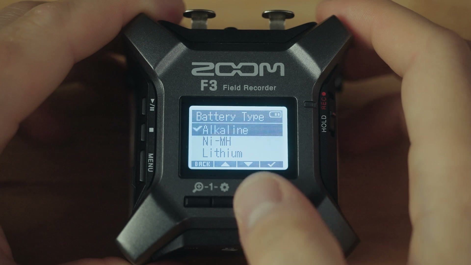 Zoom F3 Battery Type menu showing Alkaline, Ni-MH and Lithium