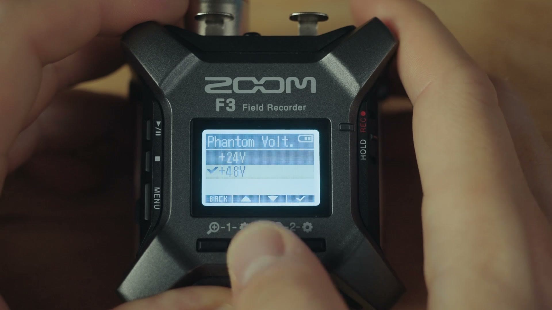 Zoom F3 Phantom Volt. menu showing +24V and +48V with +48V checked