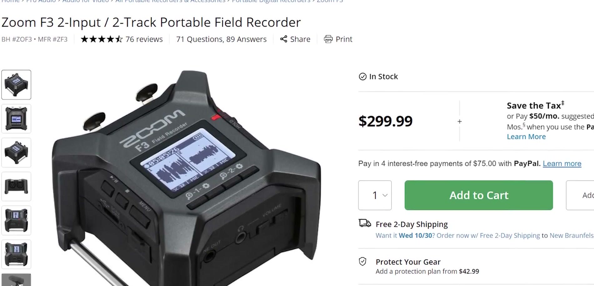B&H product page for the Zoom F3 priced at $299.99