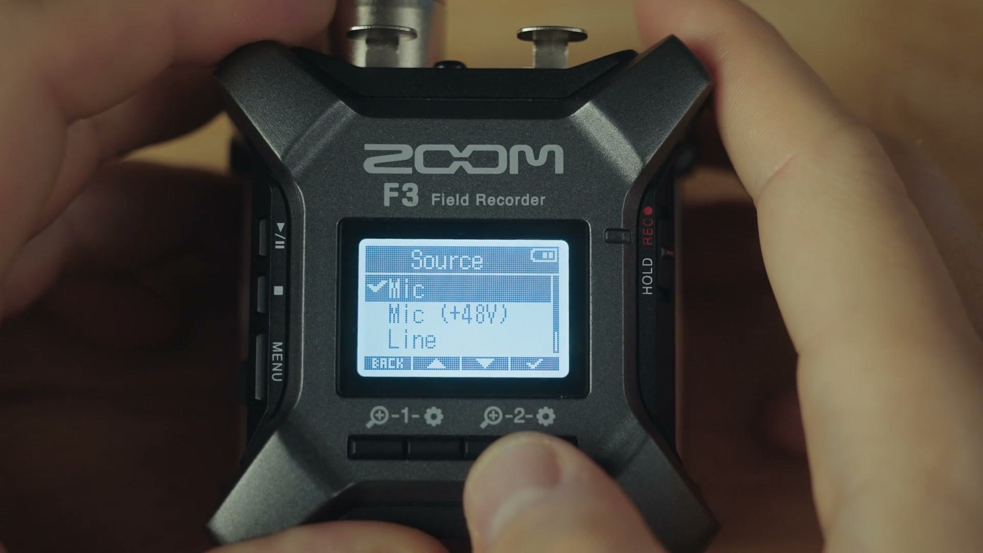 Zoom F3 Source menu showing Mic, Mic (+48V) and Line