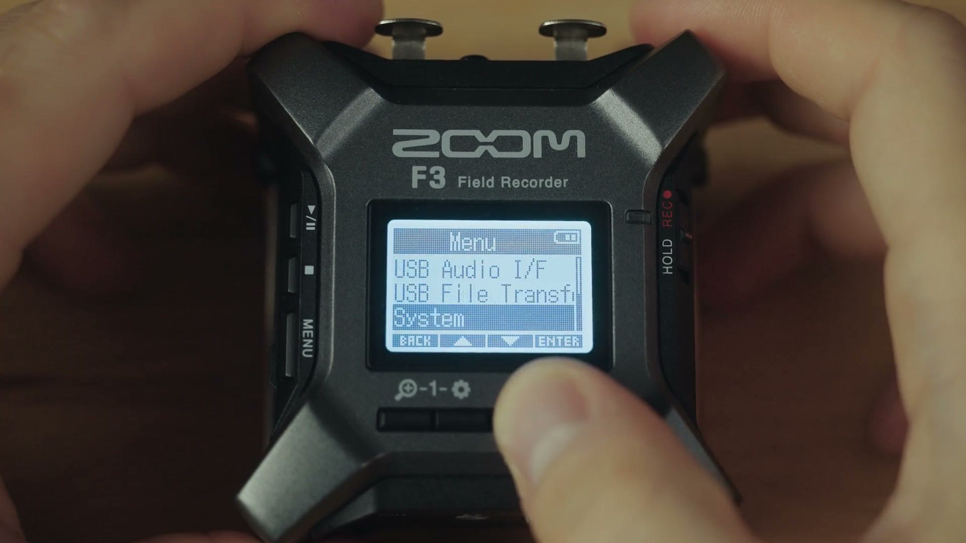 Zoom F3 menu showing USB Audio I/F, USB File Transfer and System