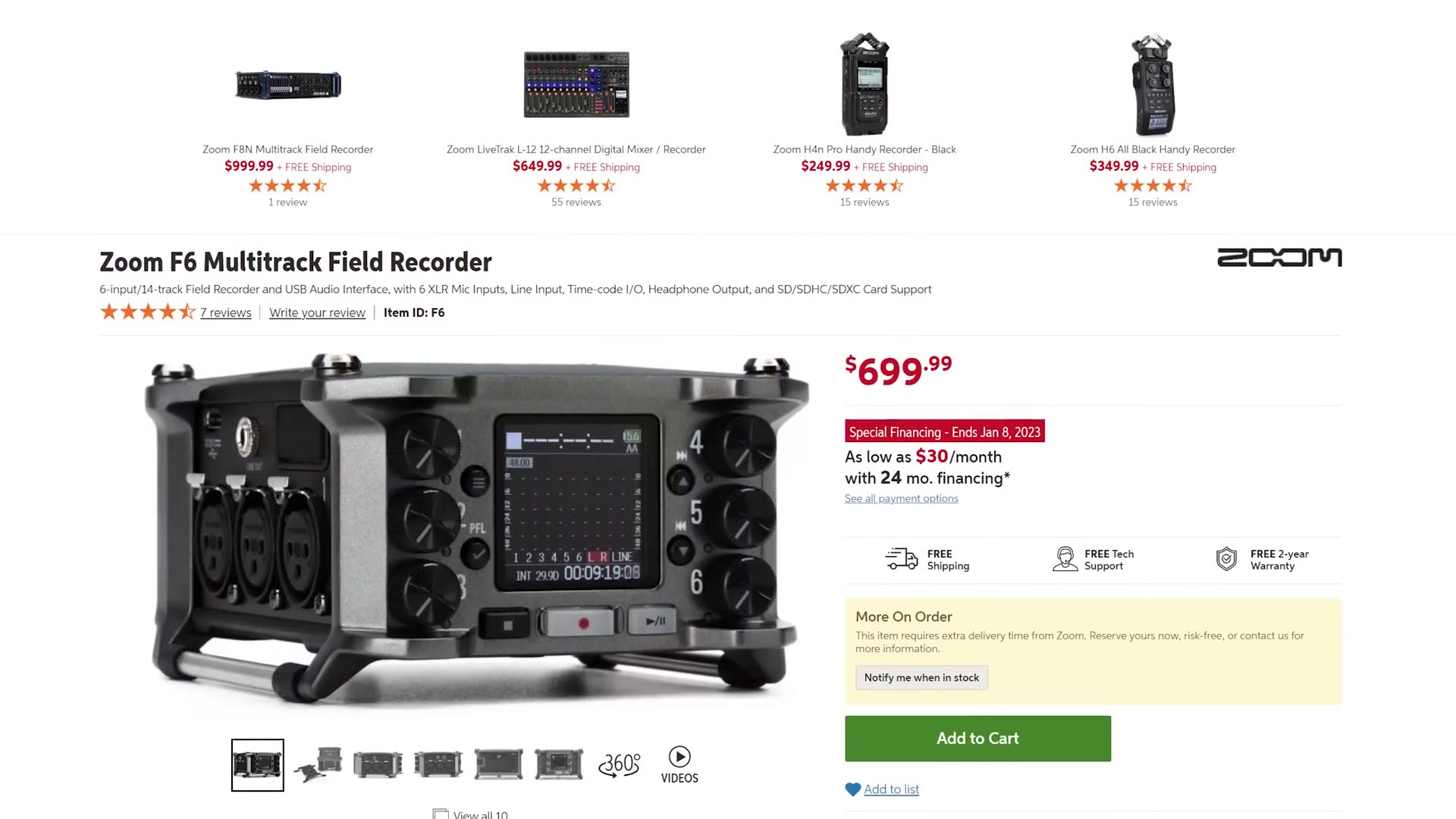 Zoom F6 listing at 699 dollars