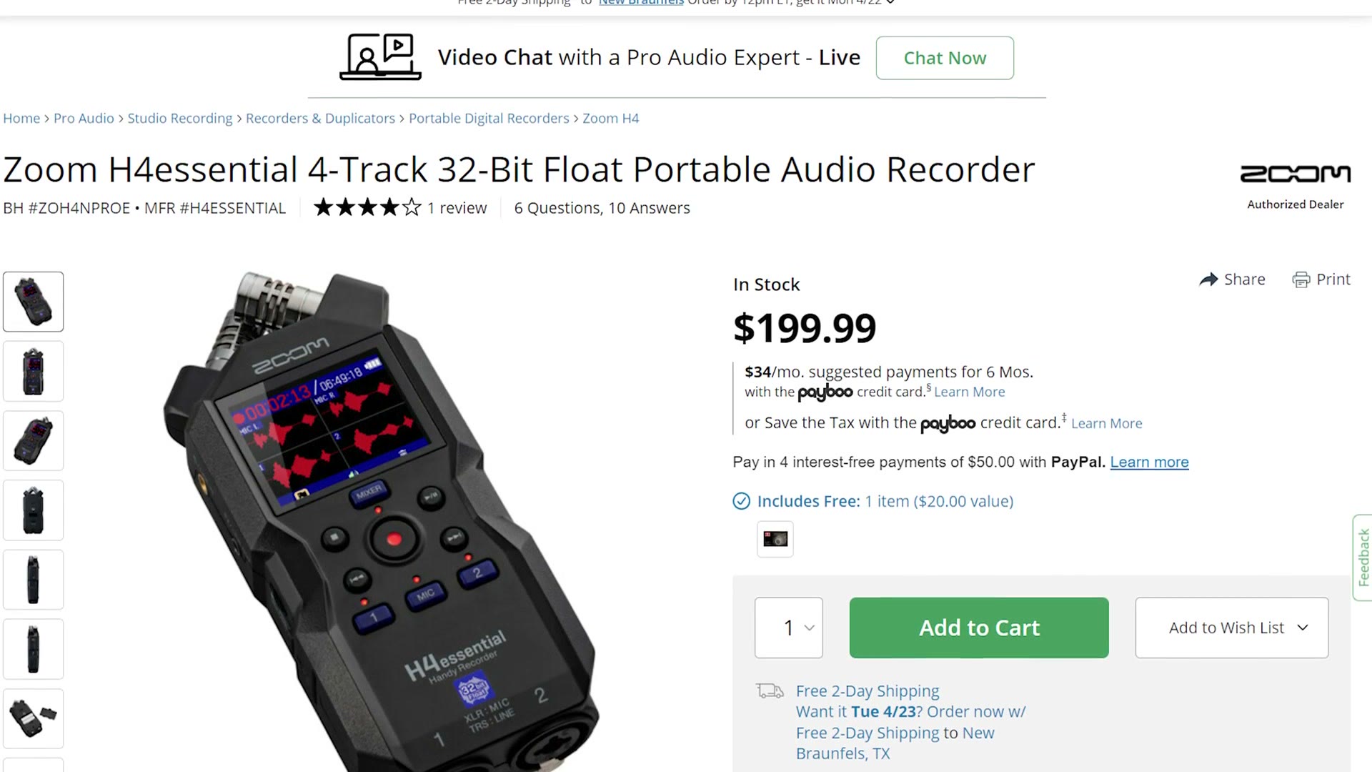 Zoom H4essential 4-track recorder listing at $199.99