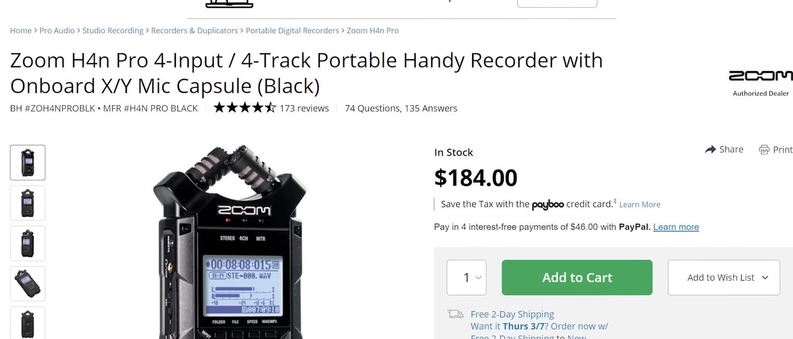 B&H product page for the Zoom H4n Pro priced at $184.00