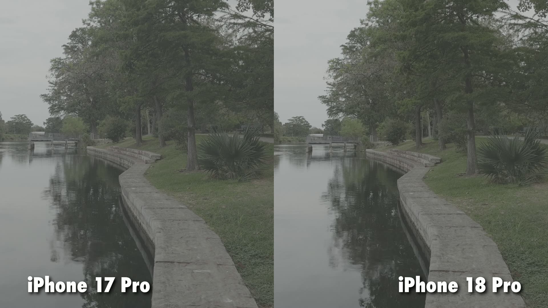 Ungraded comparison of the same scene filmed on the iPhone 17 Pro and the iPhone 18 Pro