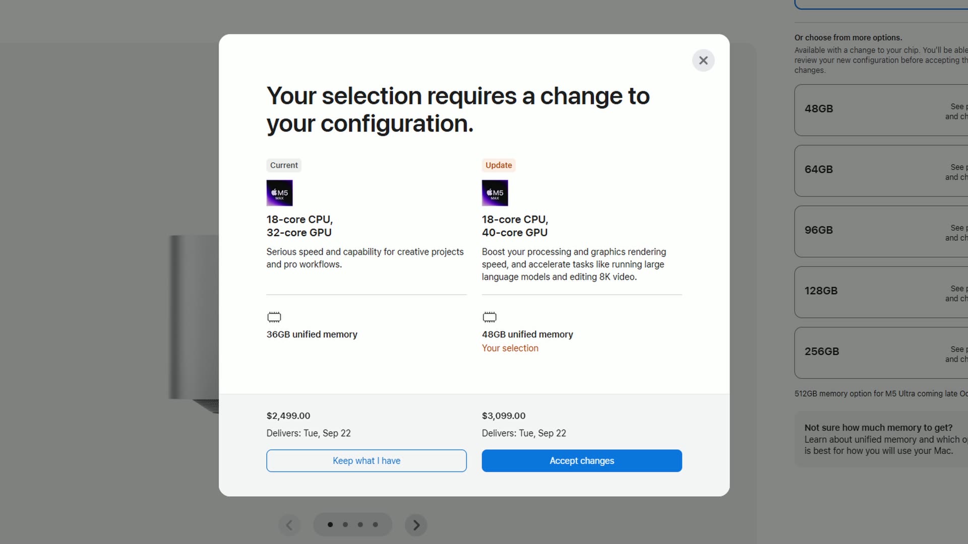 Apple configurator pop-up reading Your selection requires a change to your configuration, showing that choosing the 40-core GPU also switches memory from 36GB to 48GB
