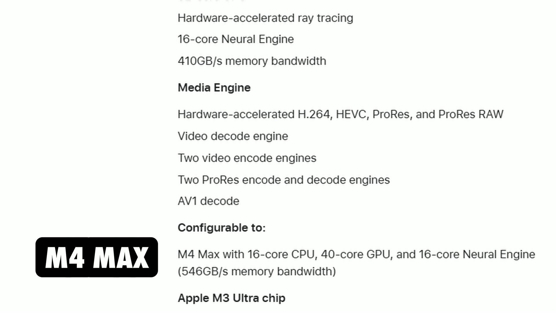 Apple's Mac Studio spec sheet for the M4 Max chip, Media Engine section listing one video decode engine, two video encode engines and two ProRes encode and decode engines