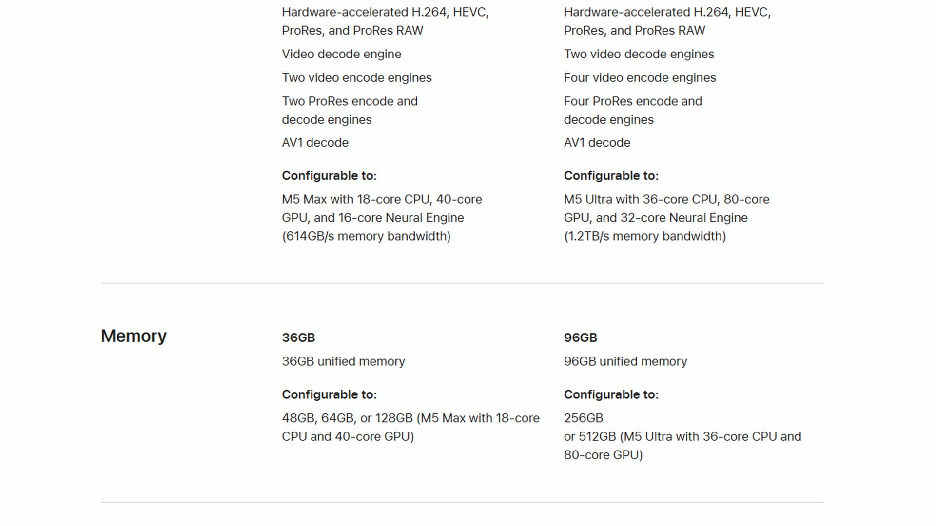 Apple comparison of the two M5 Mac Studio chips, M5 Max and M5 Ultra, showing the Ultra with two decode engines, four encode engines and four ProRes engines against the Max's one, two and two