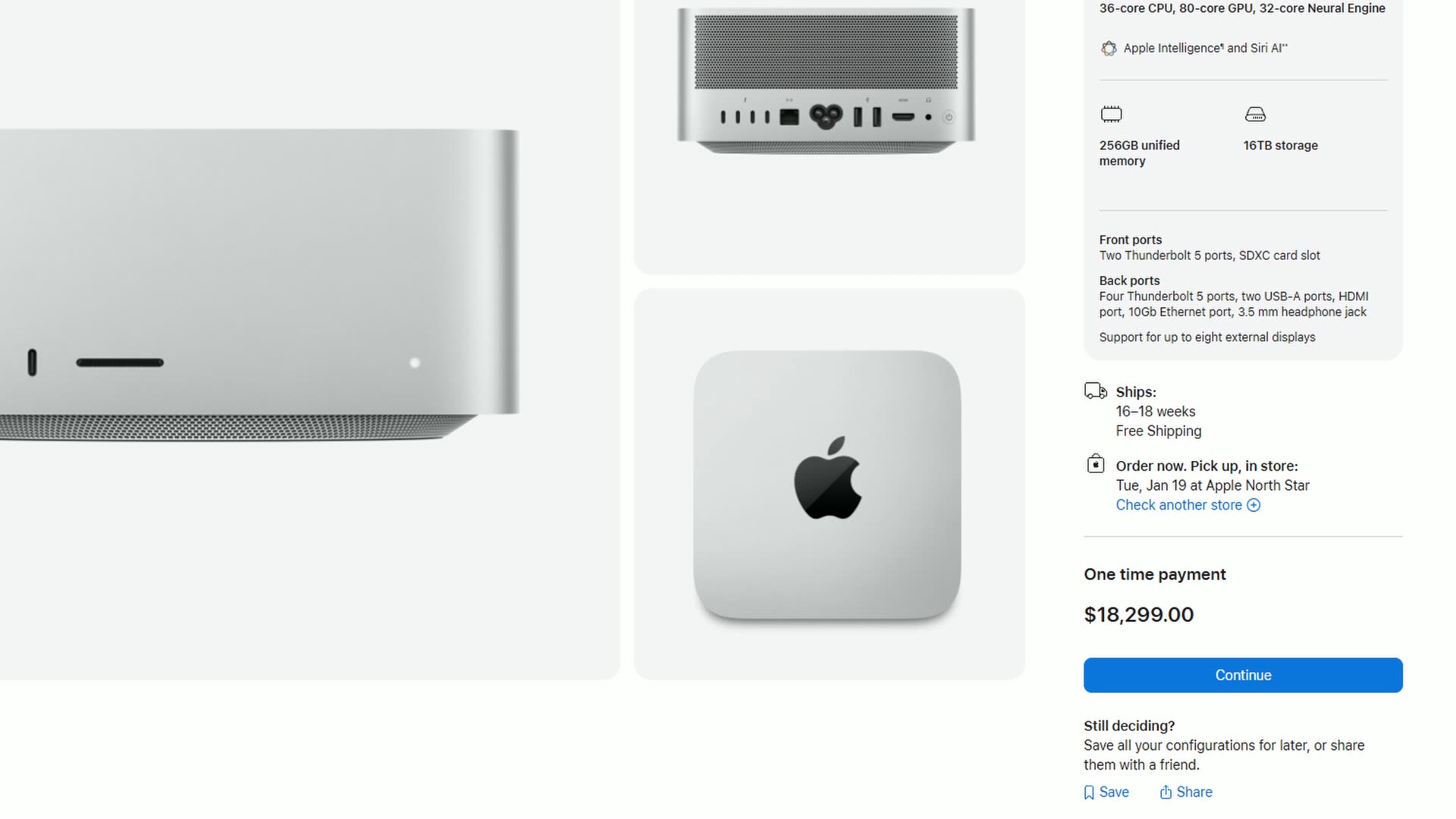 Apple configurator summary for a fully upgraded M5 Ultra Mac Studio with a one-time payment of $18,299