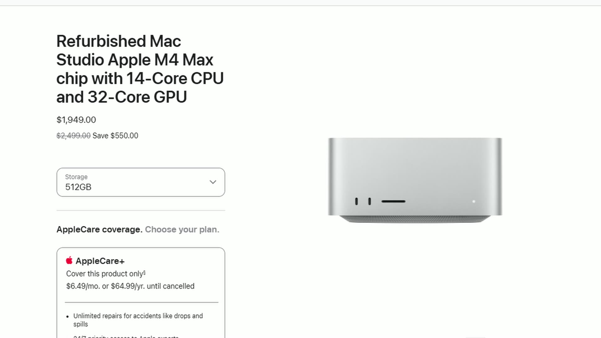 Apple Refurbished store page for a Mac Studio with M4 Max chip, 14-core CPU and 32-core GPU, priced at $1,949