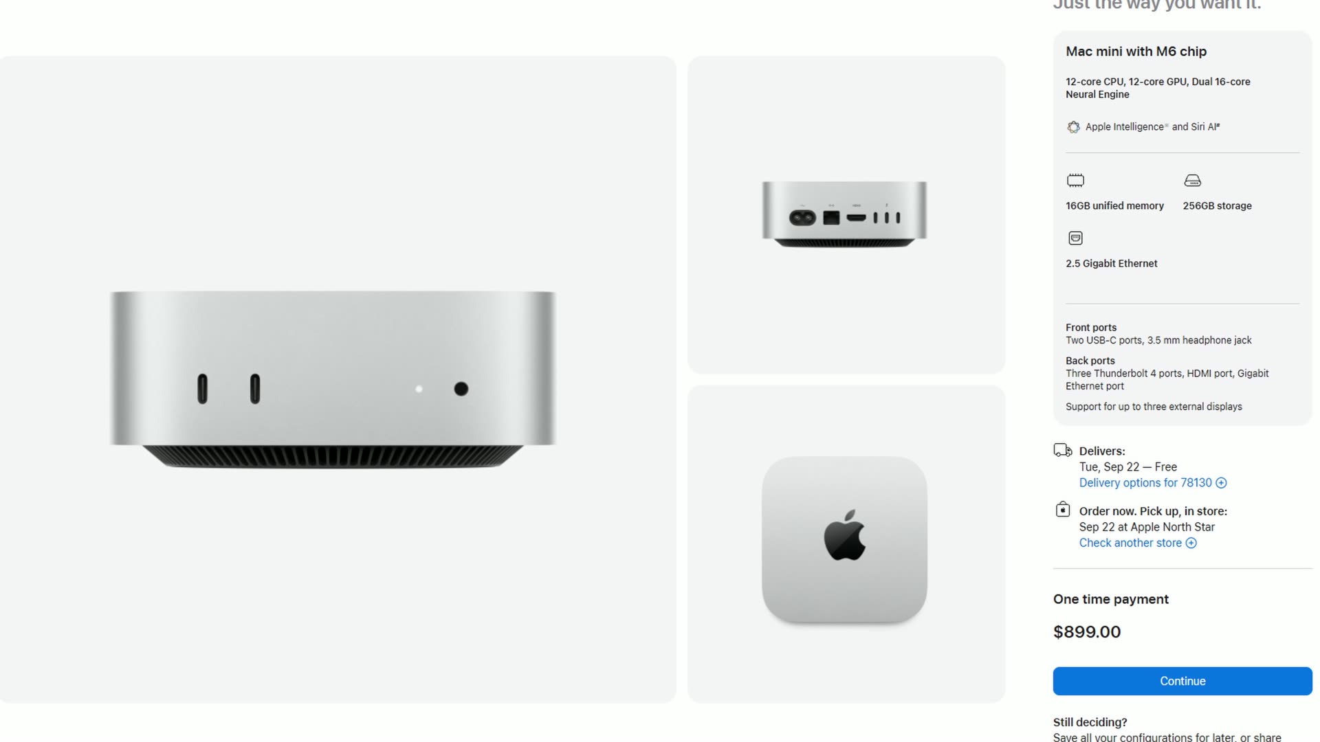 Apple's order page for the base Mac mini with M6 chip, showing 12-core CPU, 12-core GPU, 16GB unified memory, 256GB storage and a price of $899.00